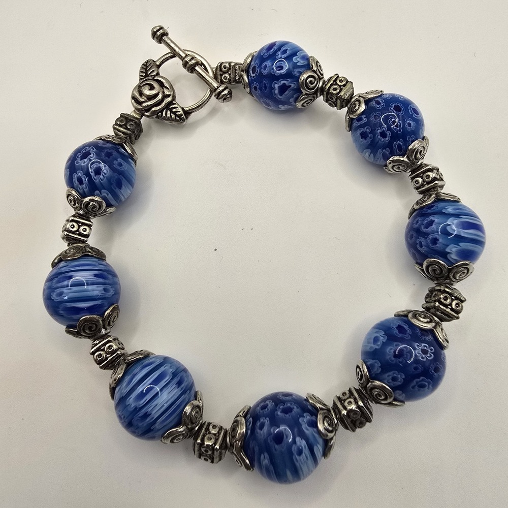 Blue Millefiori Glass Bead Bracelet Silver Tone Toggle Clasp Floral 8"